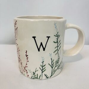 Anthropologie Dagny Initial W 16oz Mug Botanical Imprint White Hand Painted Flaw